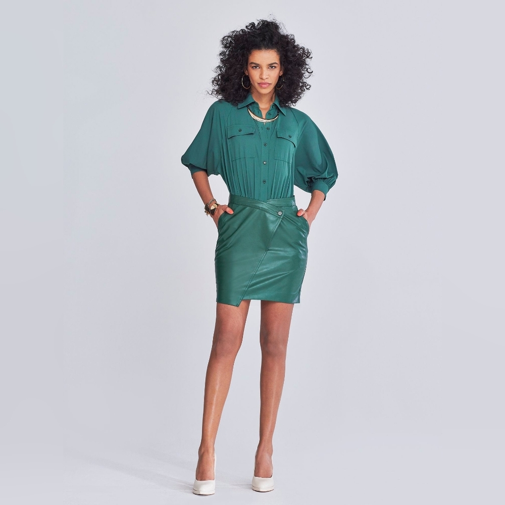 Green Women's Faux Leather Shirtdress